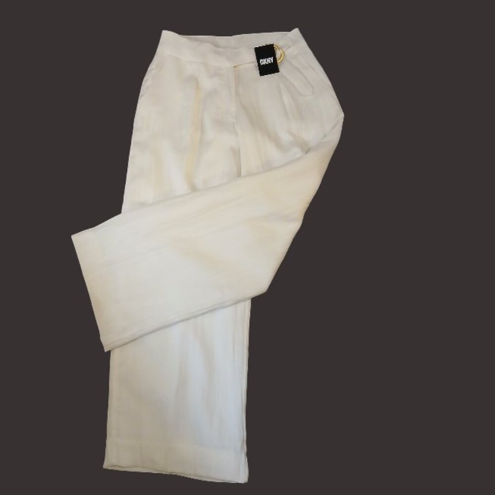 DKNY White High Waist Wide Leg w/Gold Buckle Trousers 6 - Picture 2 of 12